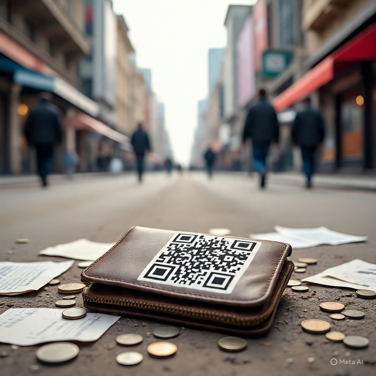 Ejemplo de código QR pegado en una cartera de cuero